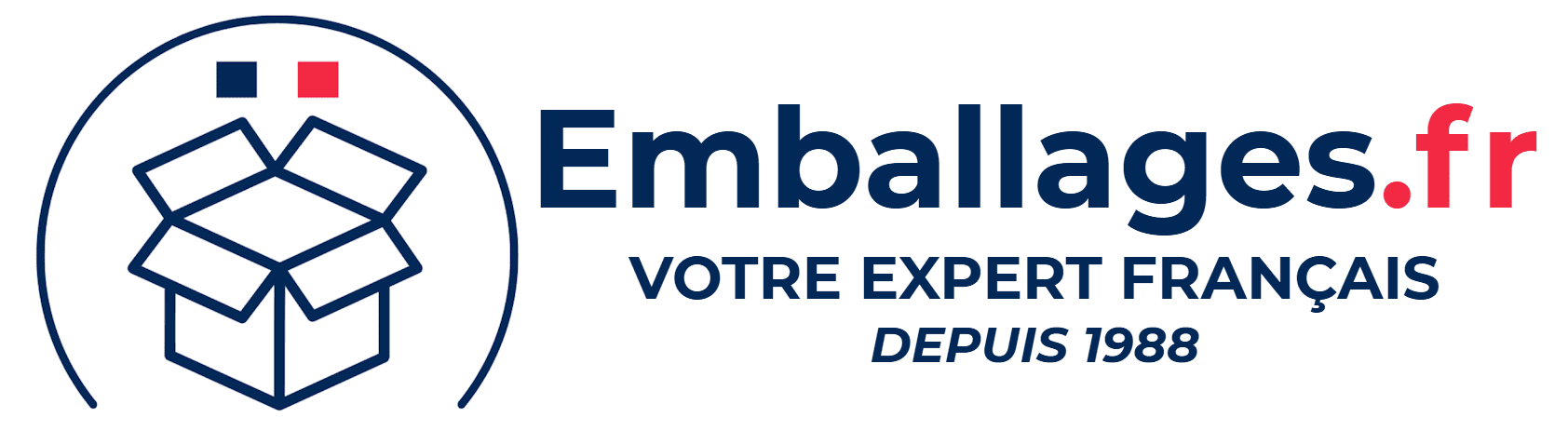 Boite bleu ouverte avec le texte Emballages.fr, votre expert depuis 1988 juste à droite