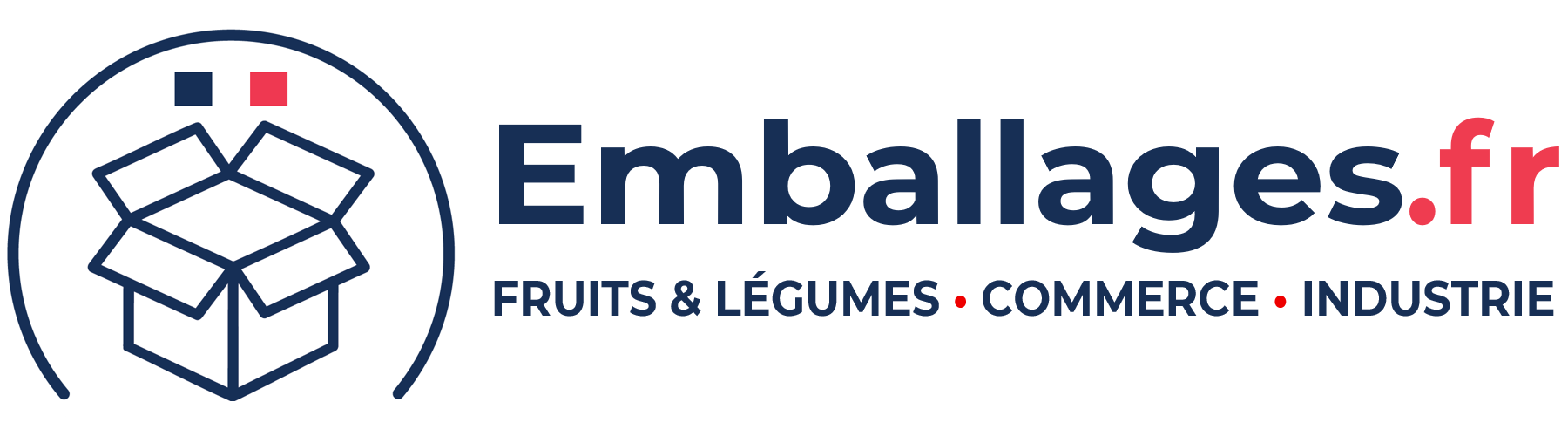 Boite bleu ouverte avec le drapeau bleu blanc rouge de la France avec a droite le texte Emballages.fr, FRUITS ET LÉGUMES, COMMERCE et INDUSTRIE