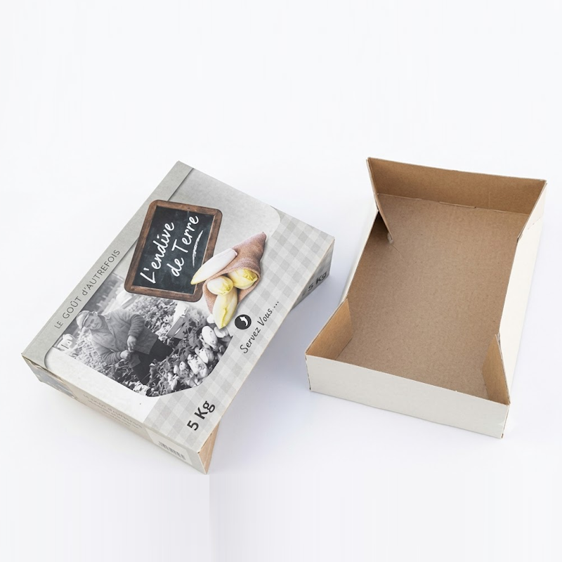 Boîte à endives en carton imprimé avec fenêtre transparente et boîte vide ouverte