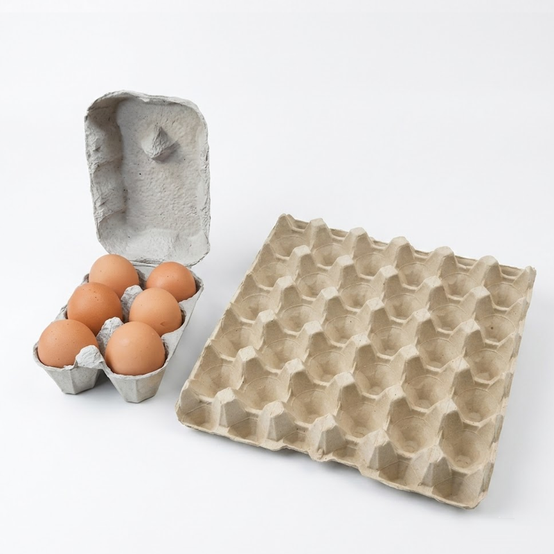 Boîte à œufs grise ouverte contenant 5 œufs bruns et boîte plate beige vide pour 30 œufs