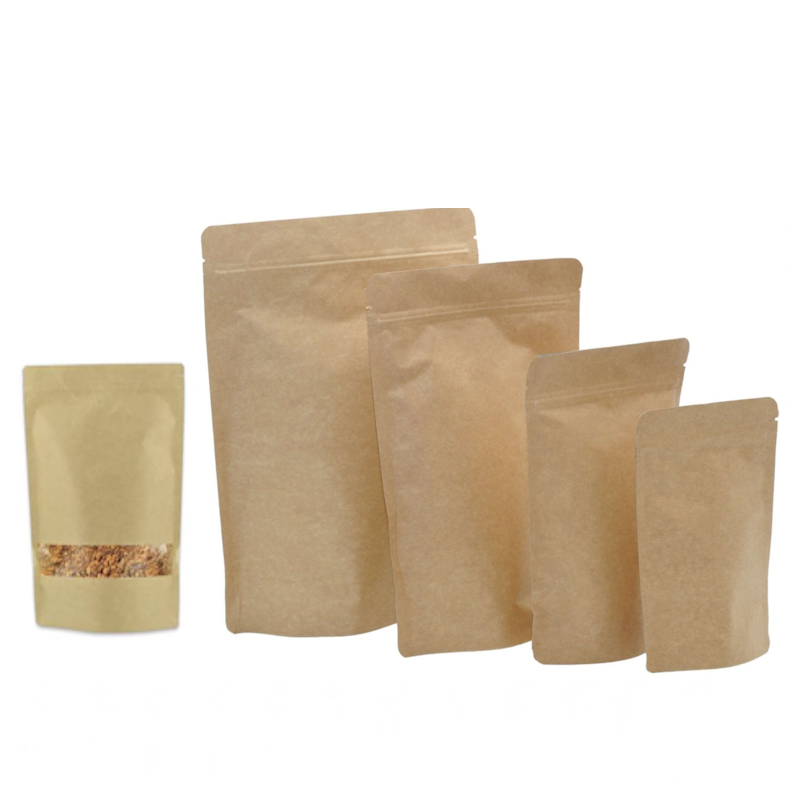 Sacs papier kraft doypack avec zip et fenêtre transparente, cinq formats différents