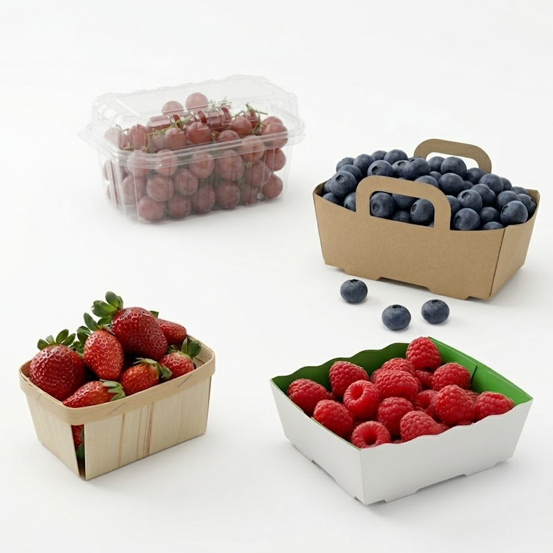Présentation d'une barquette plastique transparente avec du raisin, une barquette bois 250gr avec des fraises, une barquette carton avec des myrtilles et une barquette carton avec des framboises