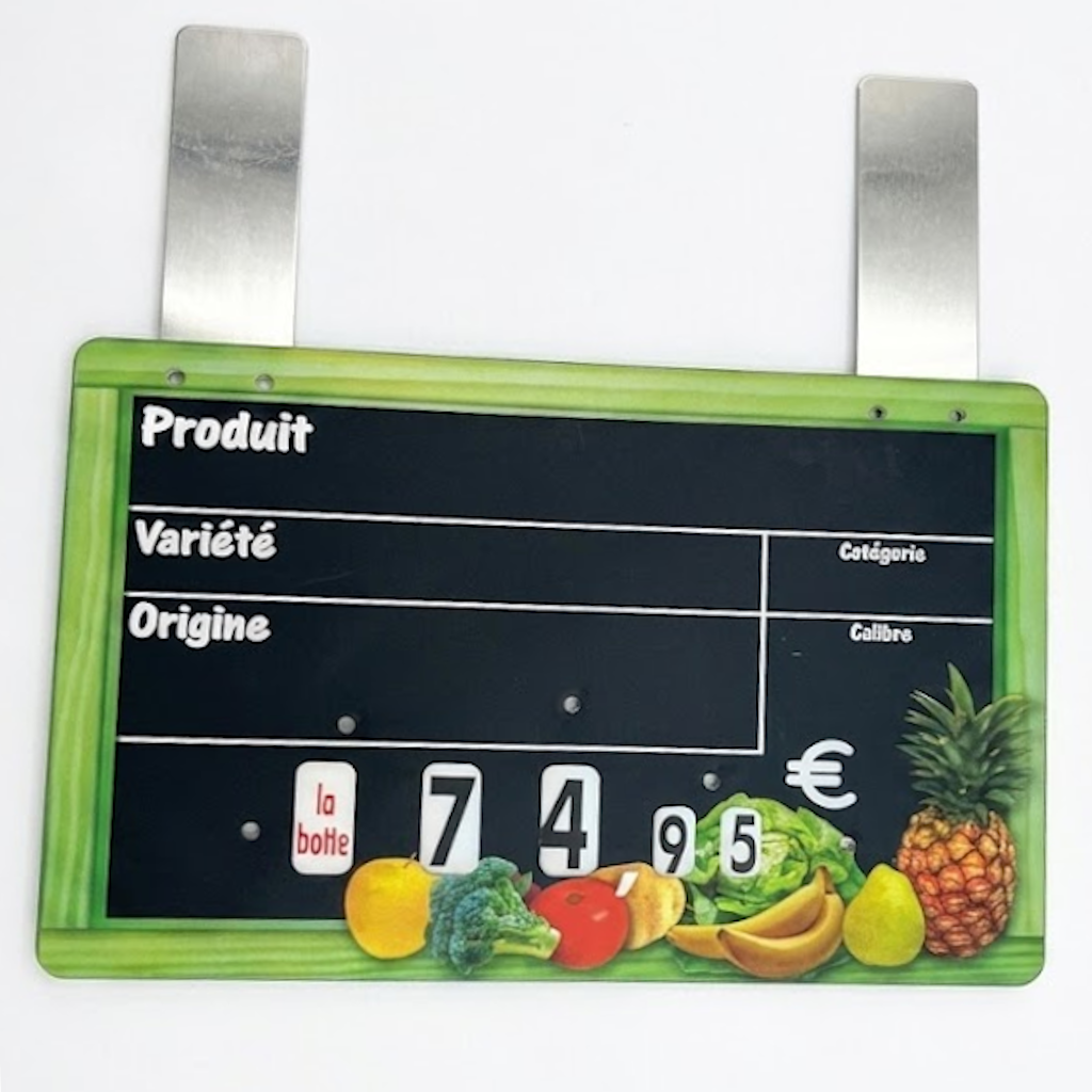 Ardoise d'affichage 23,5x15 cm avec cadre vert, roulette intégrée et pattes de fixation métalliques