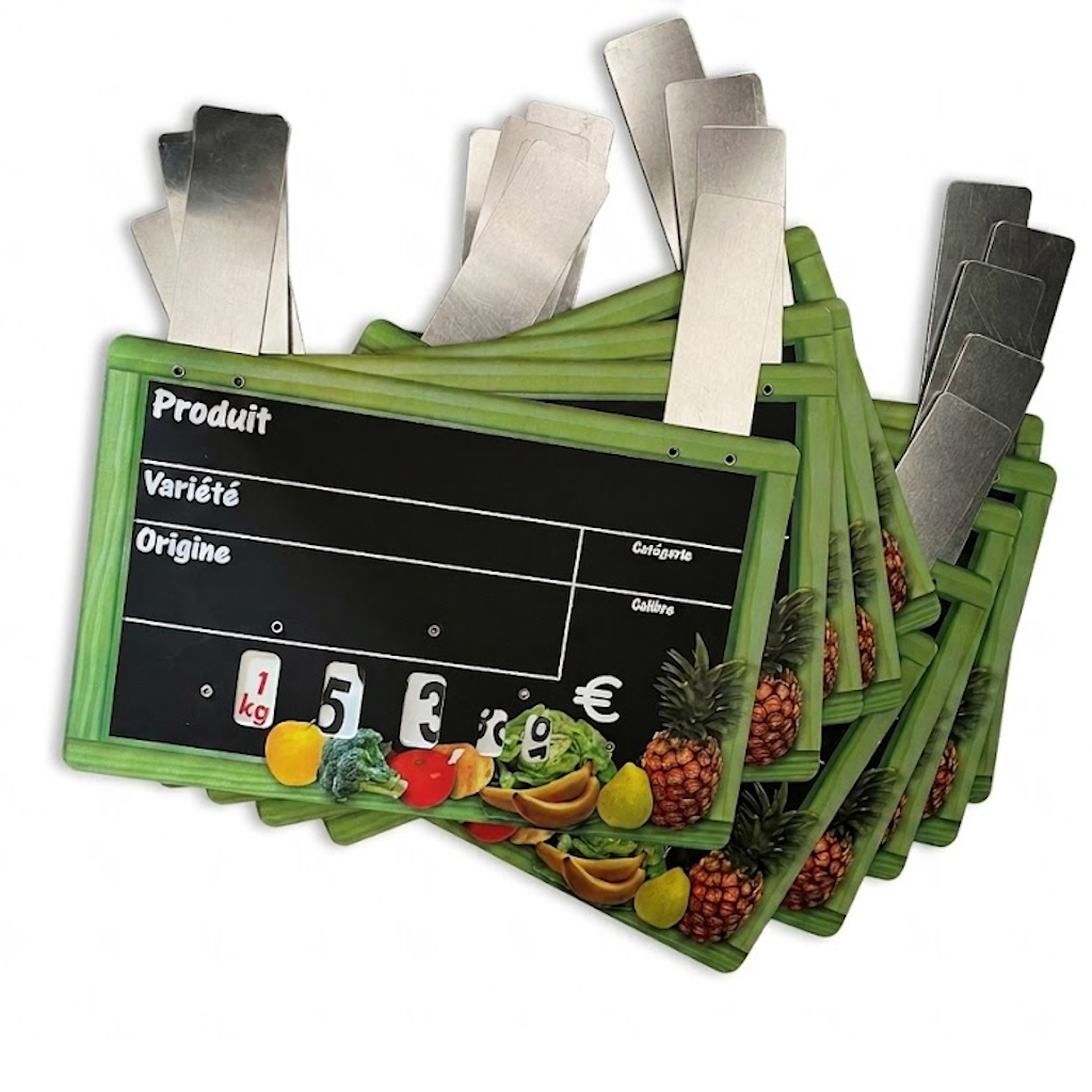 Ardoises d'affichage 23,5x15 cm vertes empilées avec roulettes à chiffres et pattes de fixation métalliques