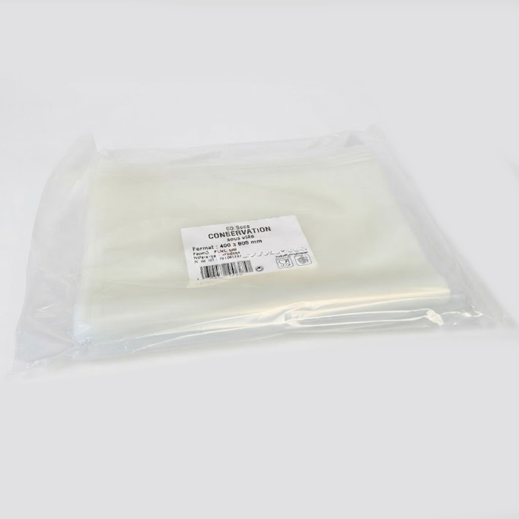 Sac sous vide conservation 400x600mm transparent dans son emballage plastique avec étiquette