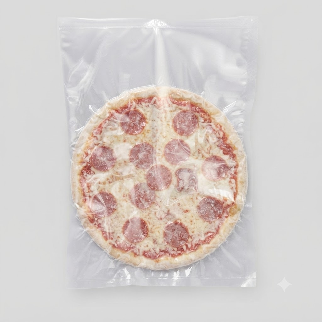 Sac sous vide transparent contenant une pizza surgelée au pepperoni et fromage