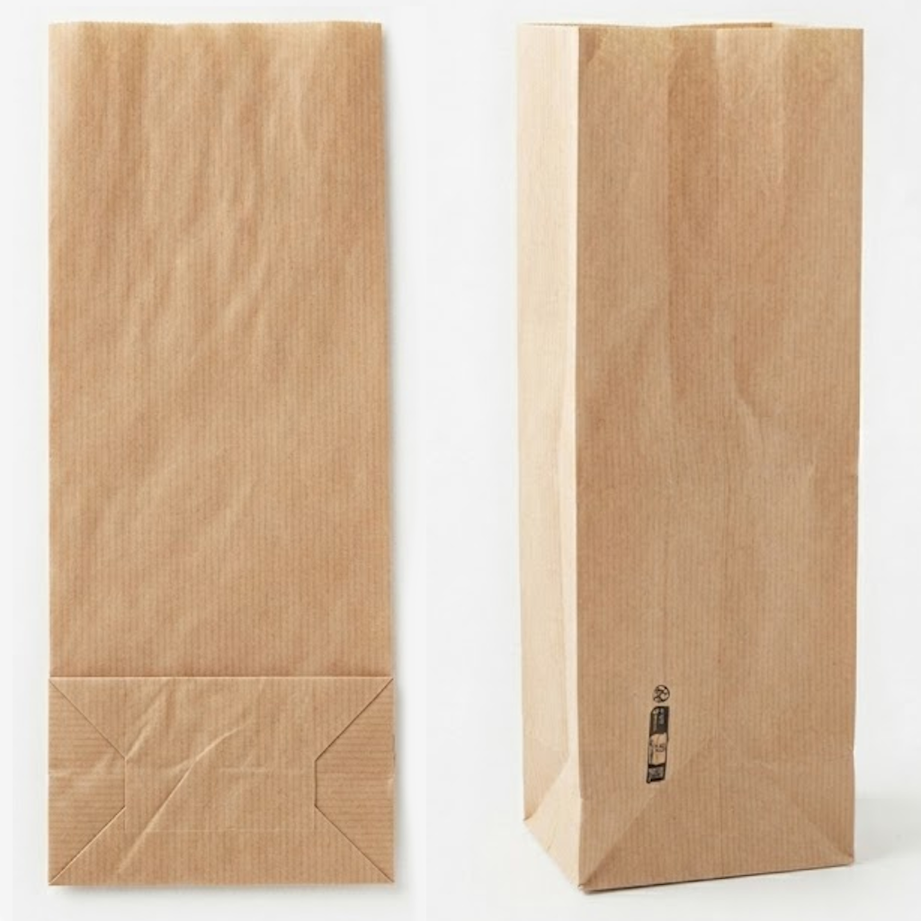 Sac SOS brun à fond plat, vue de face et de trois-quarts montrant la structure du fond