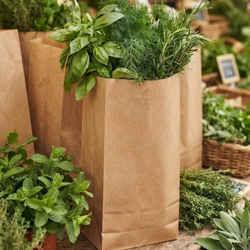 Sac SOS brun en papier kraft rempli d'herbes aromatiques fraîches, fond plat, présenté en situation
