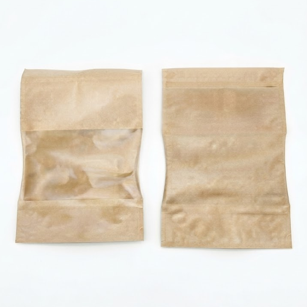 Deux sachets kraft avec fenêtre transparente et fermeture zip, vus de face sur fond blanc