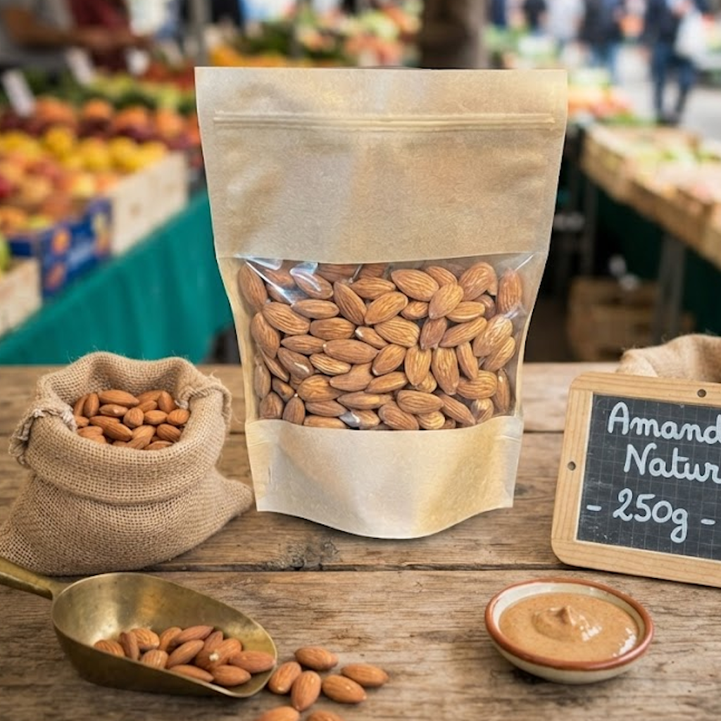 Sachet kraft zip avec fenêtre transparente rempli d'amandes, présenté sur table en bois avec petit sac en toile