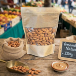 Sachet kraft zip avec fenêtre transparente rempli d'amandes, présenté sur table en bois avec petit sac en toile