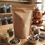 Sachet kraft zip sans fenêtre entouré de bocaux d'herbes et épices sur plan de travail avec théière cuivre