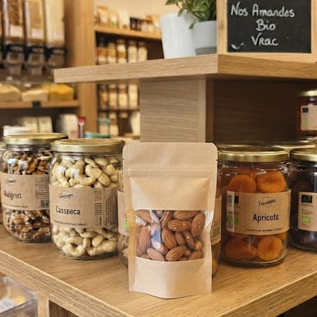 Sachet kraft zip avec fenêtre contenant des amandes, présenté dans une épicerie vrac avec bocaux de fruits secs