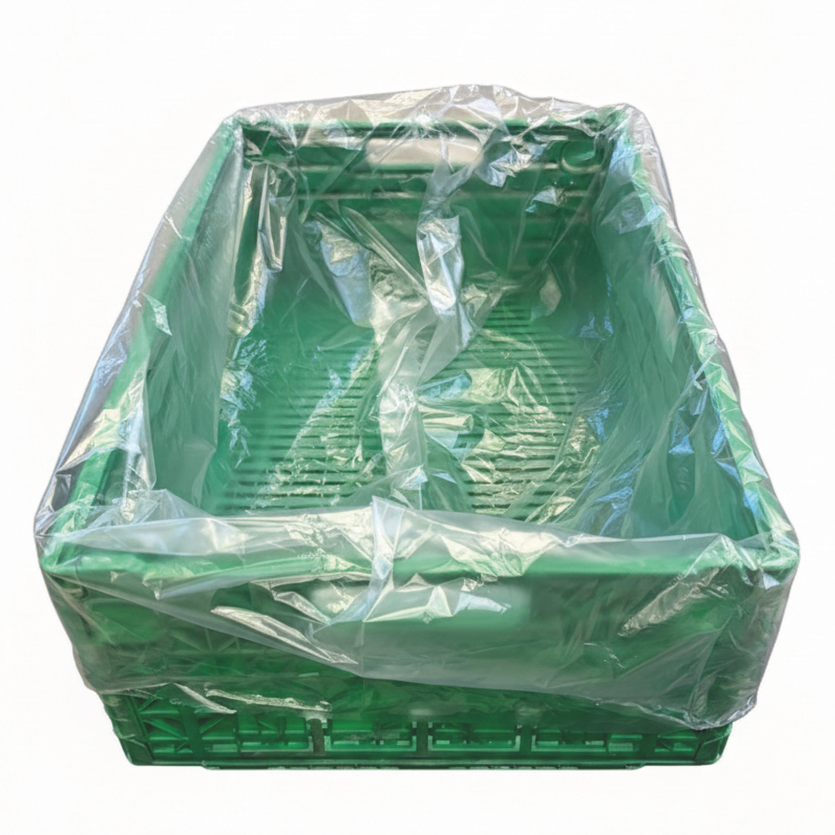 Sac polybag fond de caisse plastique transparent dans une caisse verte 40x60