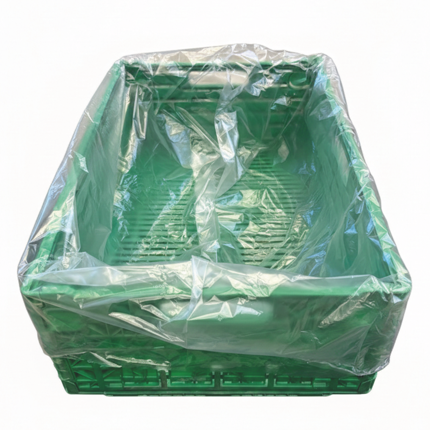 Sac polybag fond de caisse plastique transparent dans une caisse verte 40x60