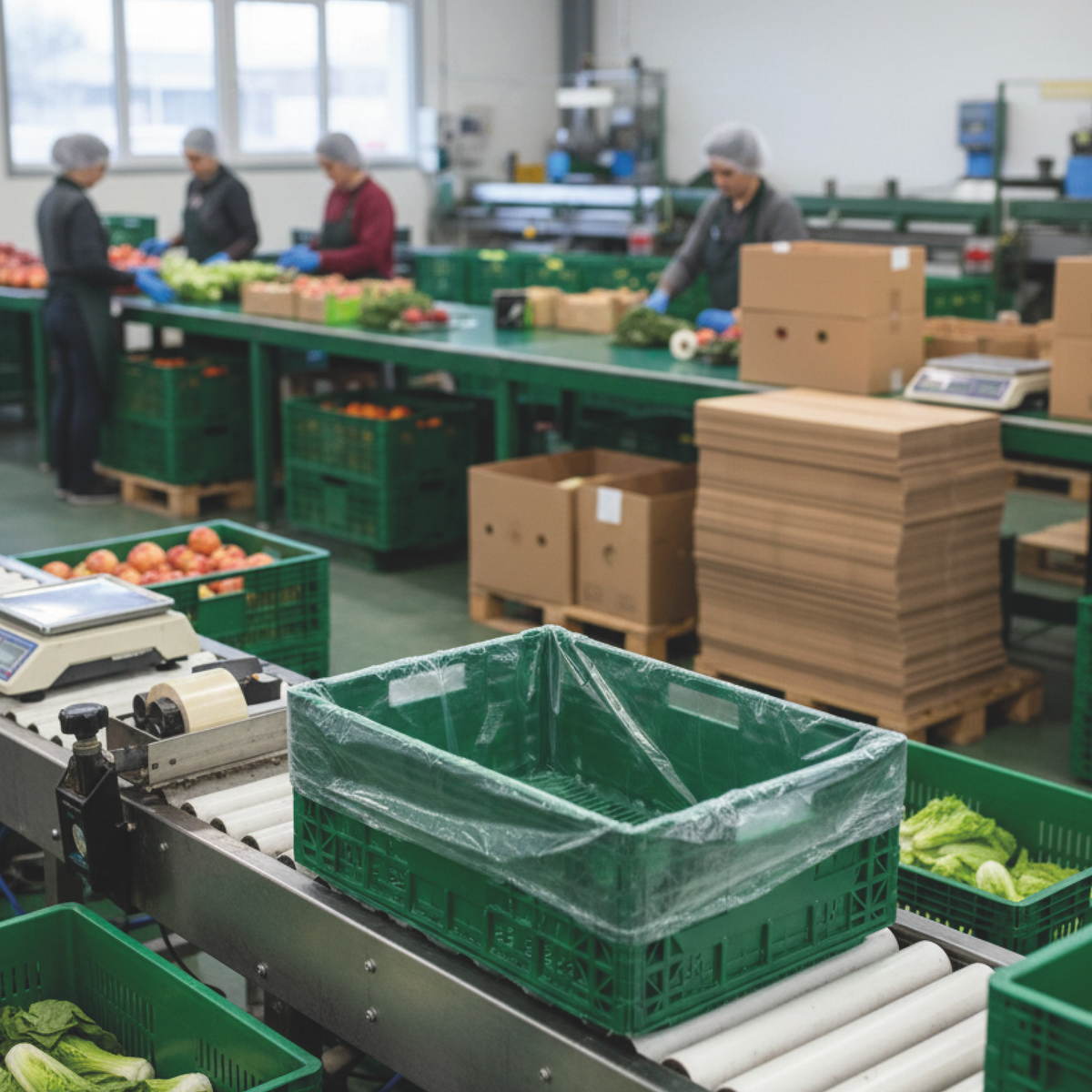 Sac polybag fond de caisse plastique transparent dans une caisse verte  posée 40x60ur une ligne de conditionnement