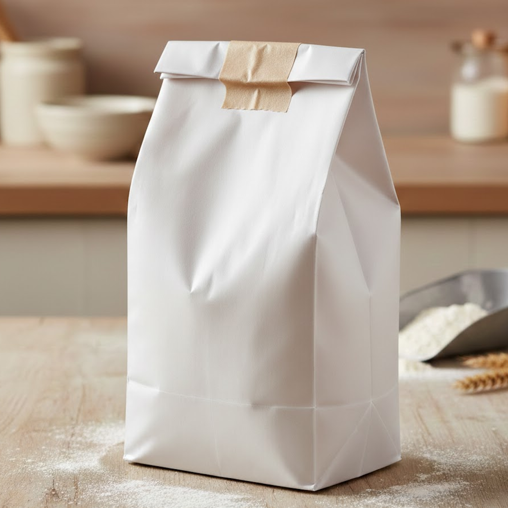 Photo d'un sac SOS blanc 2 feuilles adapté pour 5kg de farine fermé par un scotch