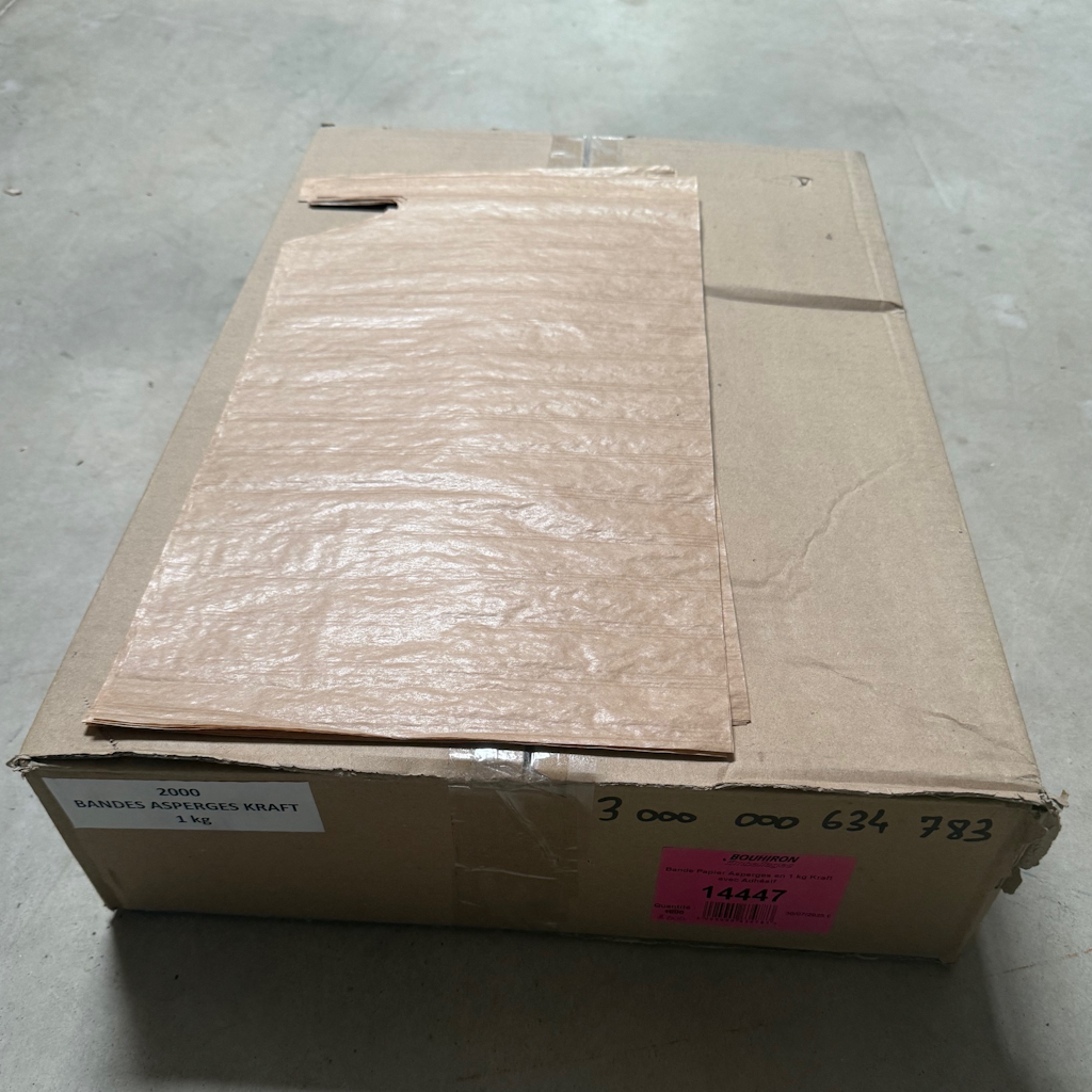 Présentation du colisage reçu pour le produit Bande Papier Asperges en 1kg Kraft avec Adhésif