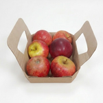 Barquette carton kraft à rabat contenant six pommes, vue de dessus avec rabats ouverts