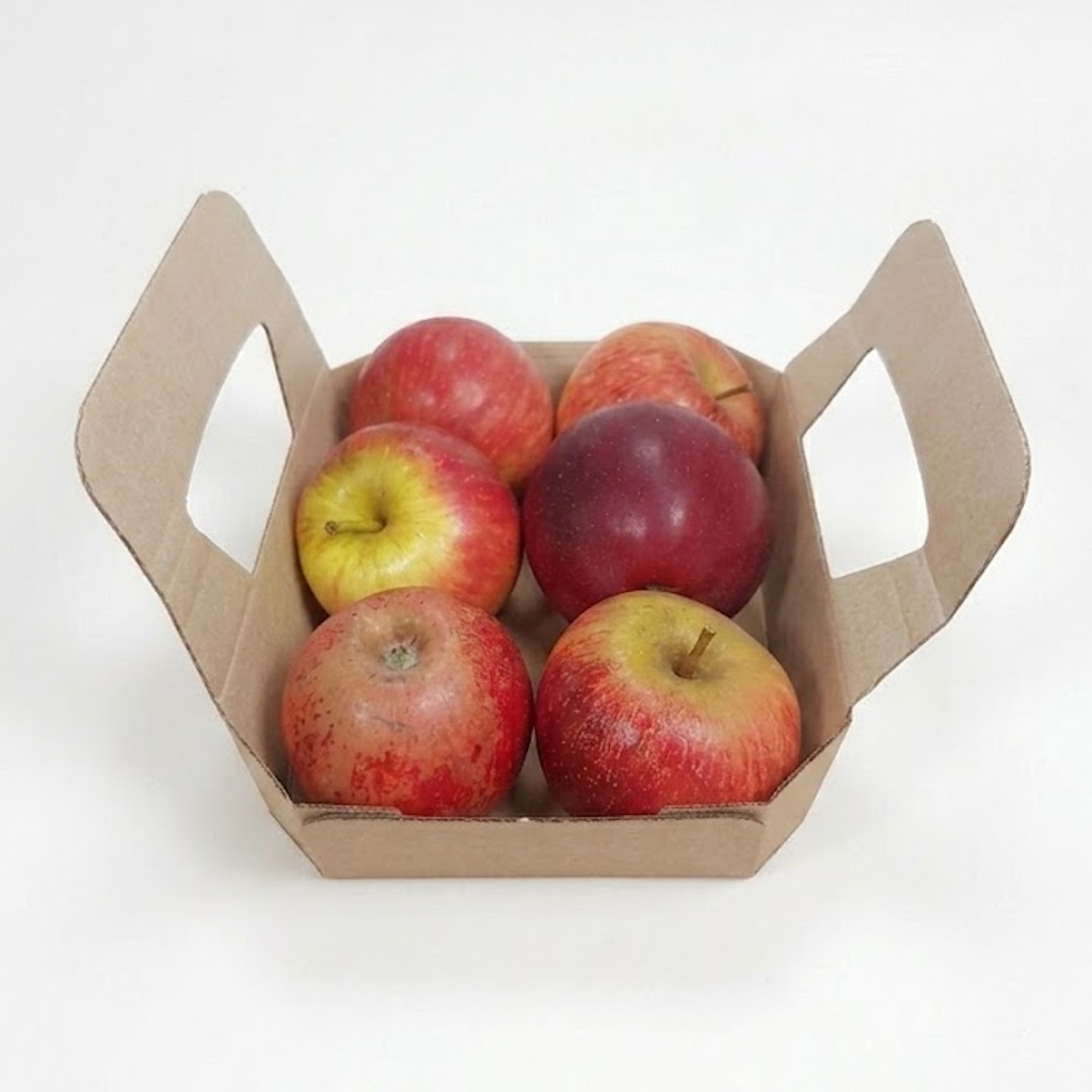 Barquette carton kraft à rabat contenant six pommes, vue de dessus avec rabats ouverts