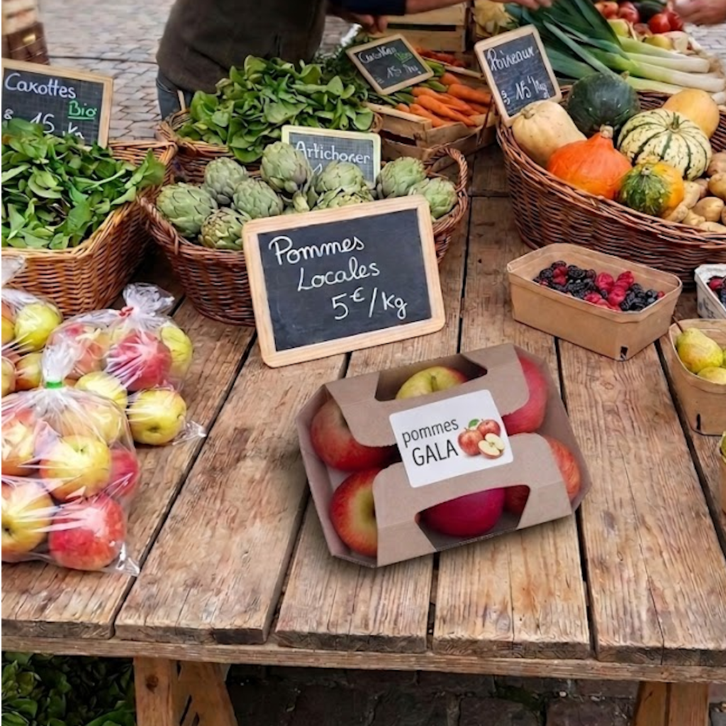 Barquette carton kraft contenant des pommes Gala sur un étal de marché avec légumes et fruits frais