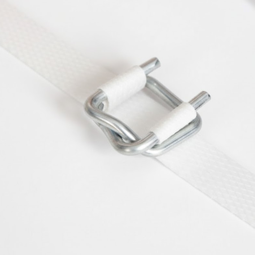 Démonstration de l'utilisation du produit Boucle métal 13mm Acier Galvanisé pour Feuillard 13mm sur fond neutre