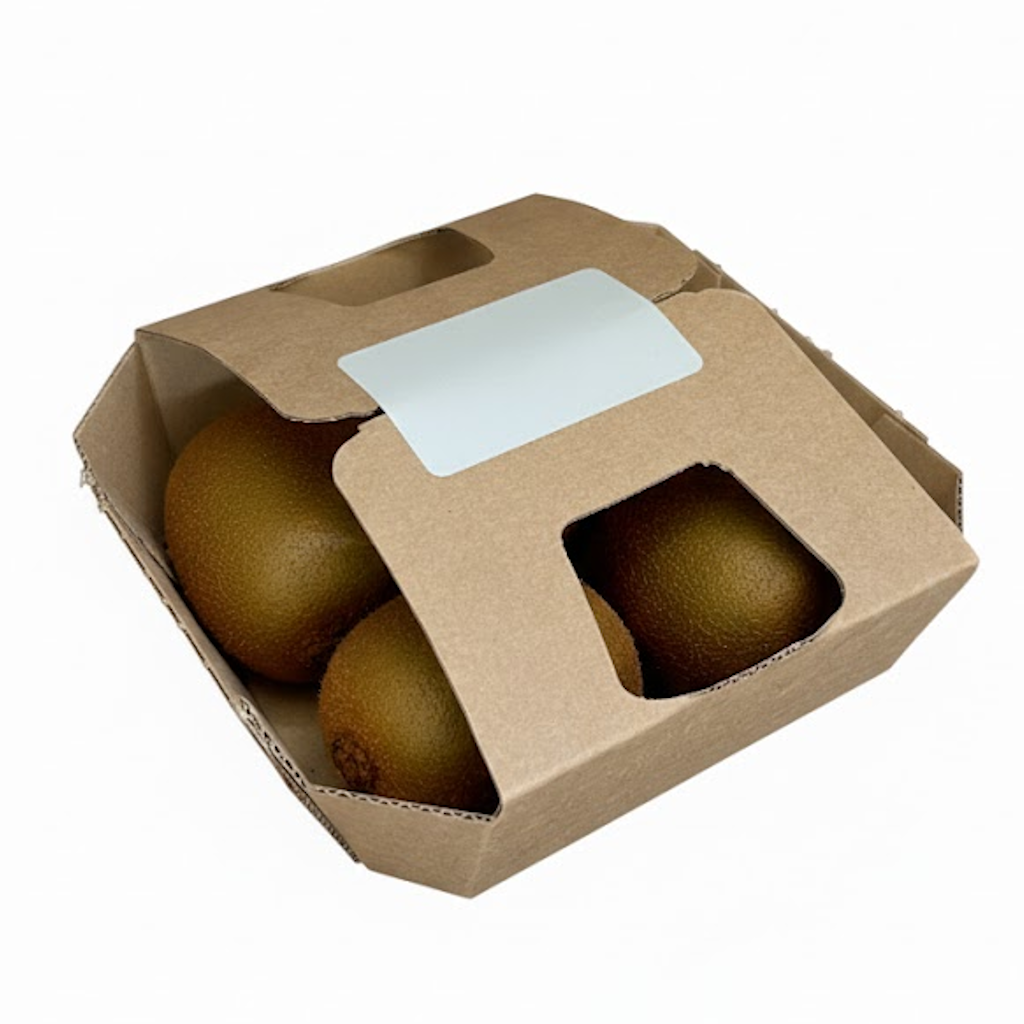 Démonstration de l'utilisation du produit Barquette Carton 4 Fruits M 130x125 H40mm avec Rabat sur fond neutre