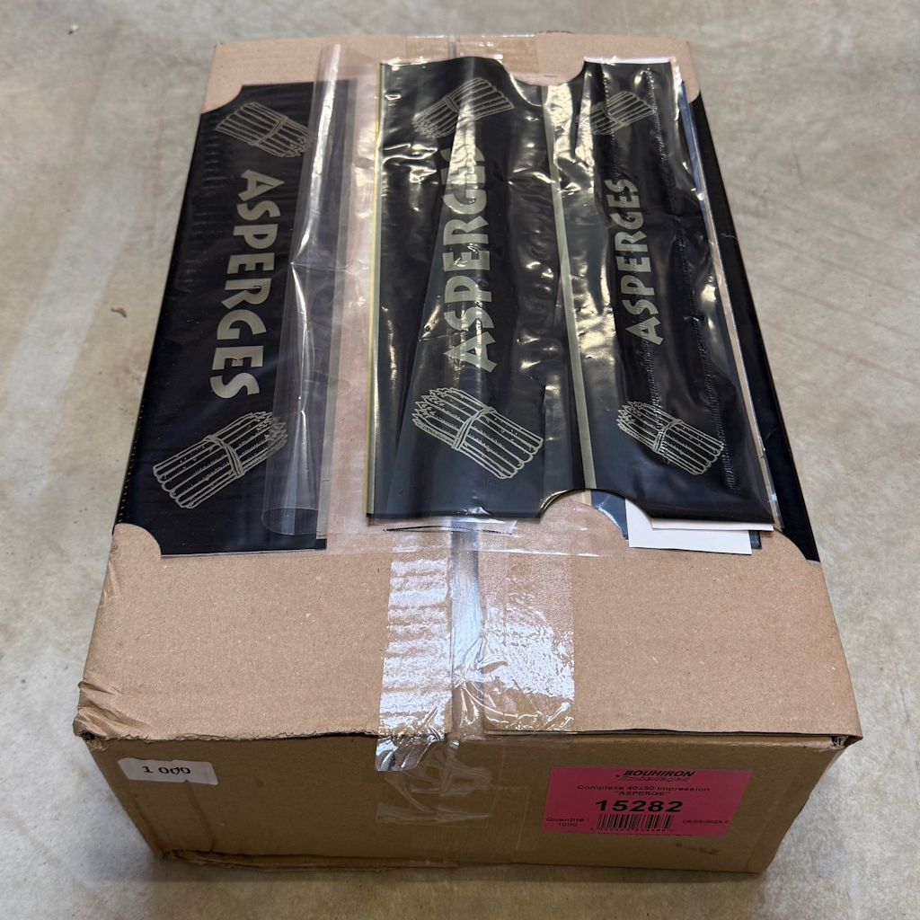 Présentation du colisage reçu pour le produit Complexe 40x30 Impression "ASPERGES"