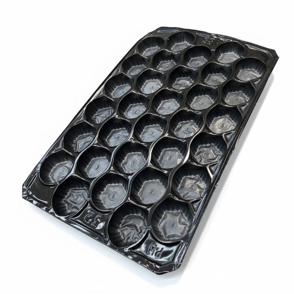 Présentation du produit Alvéole Pommes PP Noir 32F - 60x40cm sur fond neutre