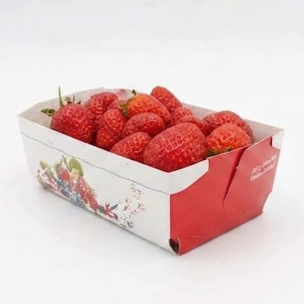 Barquette carton Weber imprimée remplie de fraises fraîches