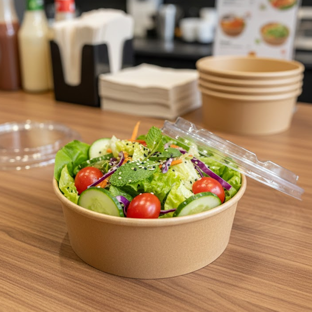 Démonstration de l'utilisation du produit Couvercle PET pour Pot Carton Kraft Brun Salade 1250ml sur fond neutre