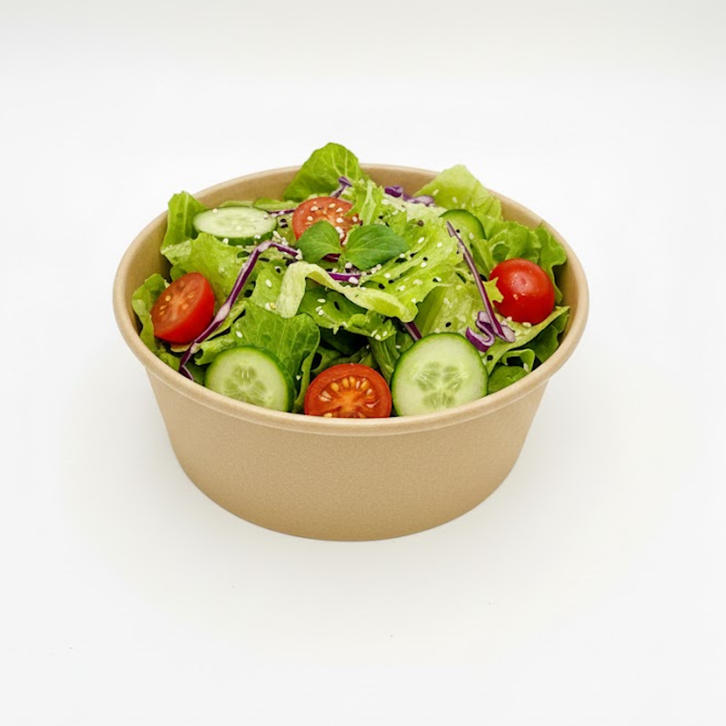 Démonstration de l'utilisation du produit Pot Carton Kraft Brun Salade 1250ml sur fond neutre