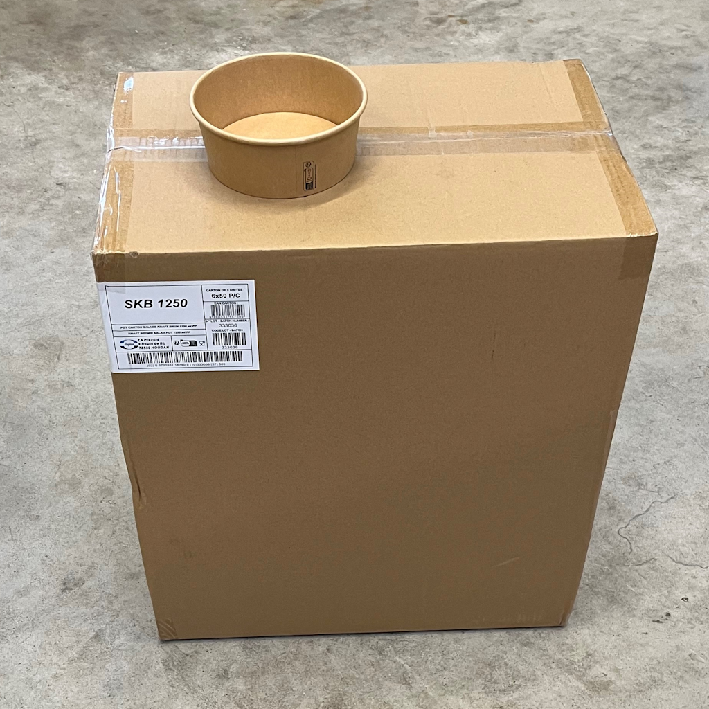 Présentation du colisage reçu pour le produit Pot Carton Kraft Brun Salade 1250ml