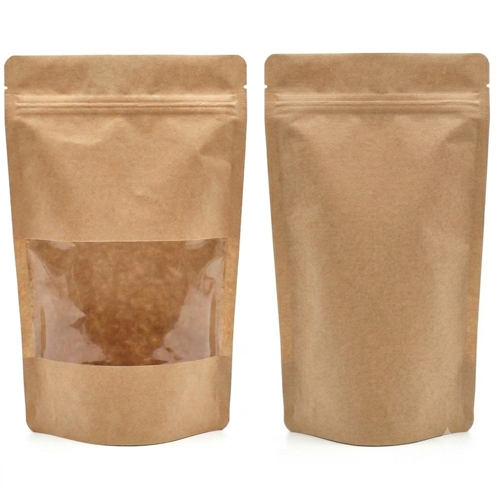 Sachet kraft zip avec fenêtre transparente, vue recto et verso