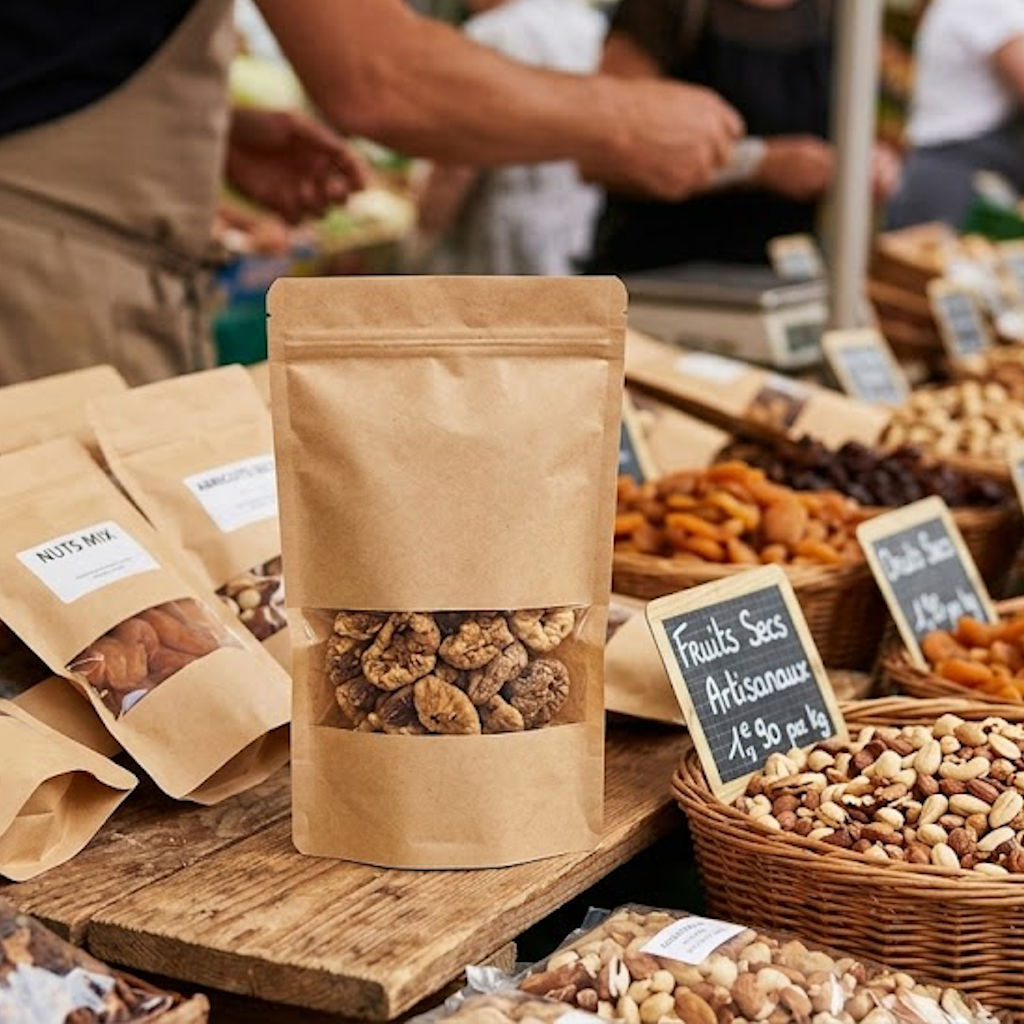 Sachet kraft zip avec fenêtre contenant des fruits secs, présenté sur un étal de marché avec d'autres produits