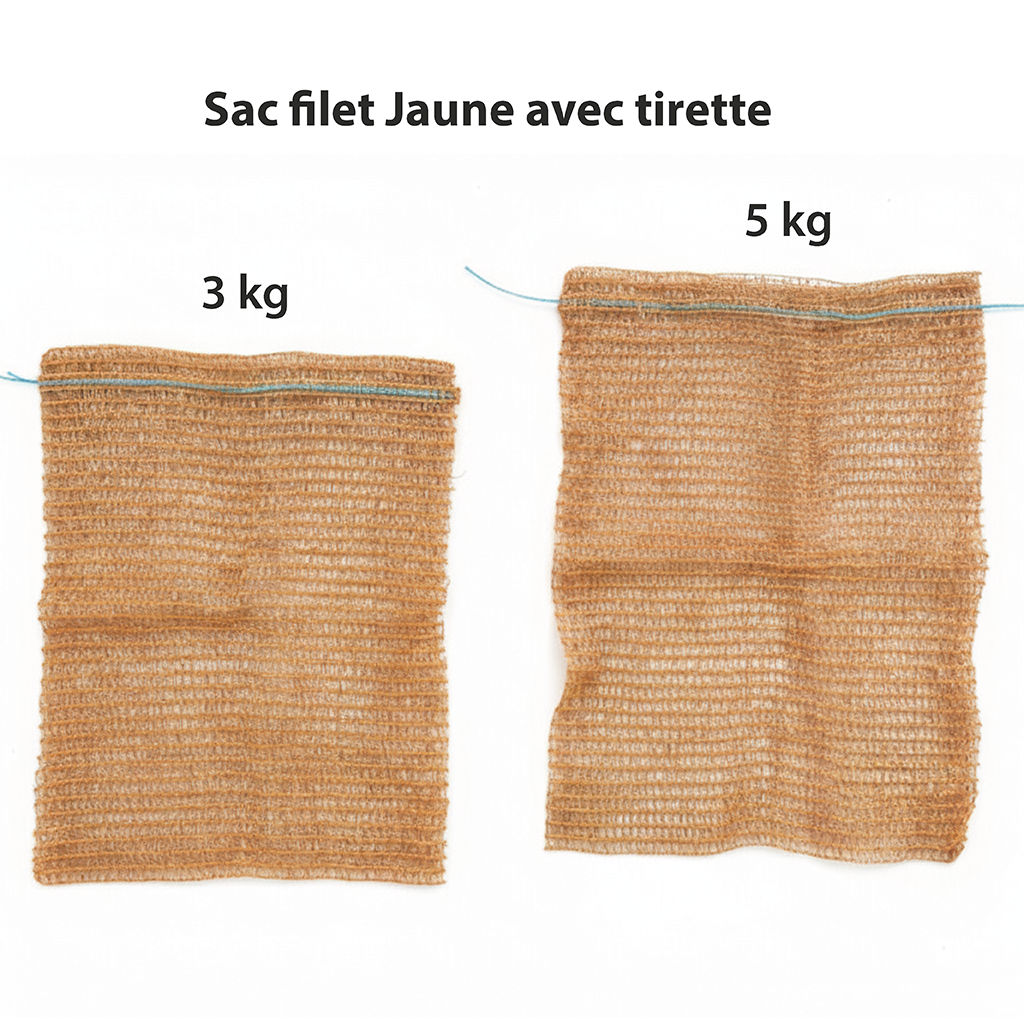 Présentation des deux modèles de sac filet jaune, celui de gauche peut contenir 3kg et celui de droite 5kg