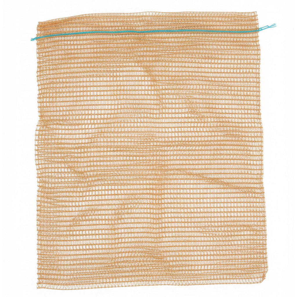 Présentation d'un sac filet jaune 25 kg avec tirette nouée