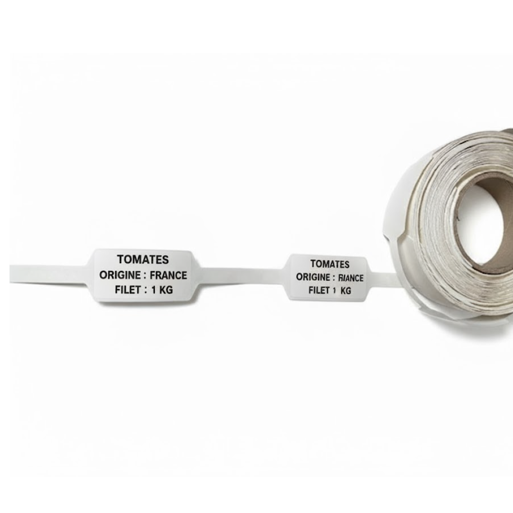 Démonstration de l'utilisation du produit Etq Drapeau Papier Neutre Blanche 38x146mm Thermique Extérieur sur fond neutre