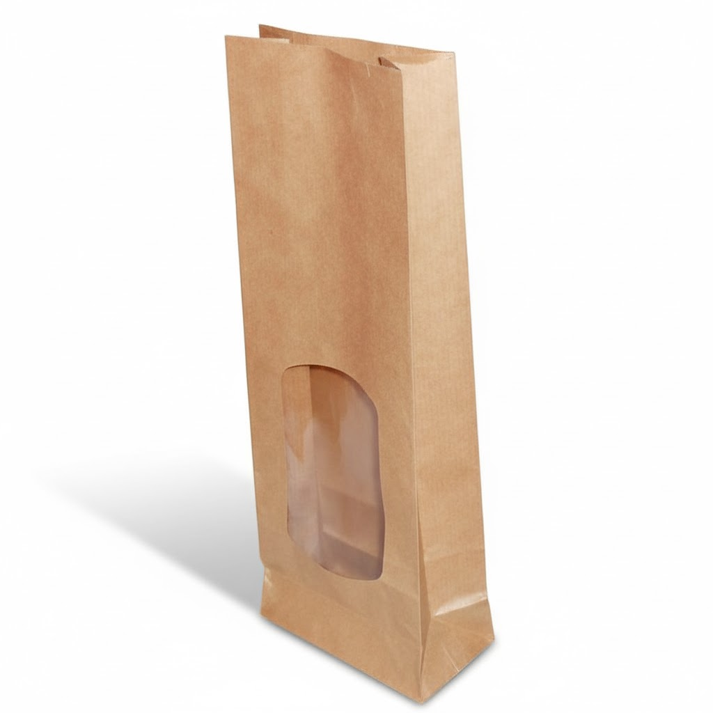 Présentation du produit Sac SOS Kraft Brun avec petite fenêtre (500g) sur fond neutre