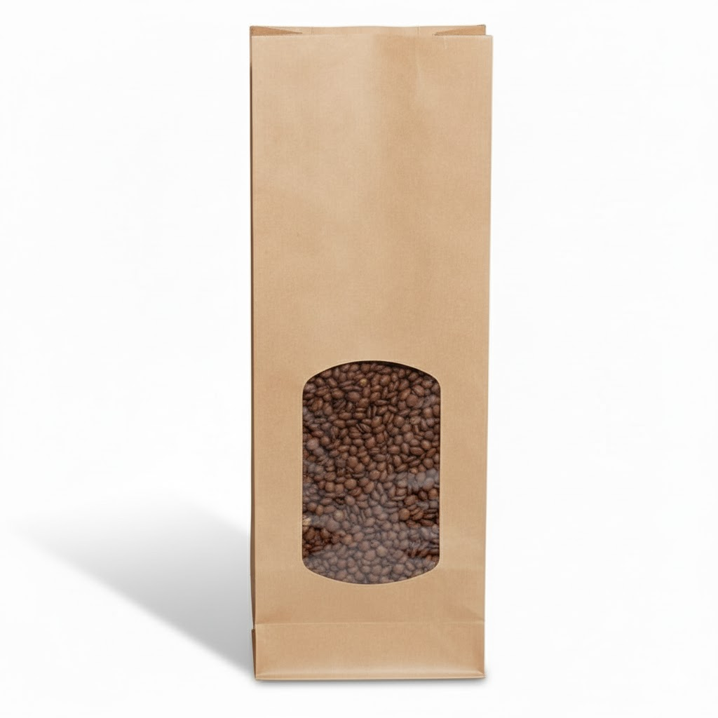 Démonstration de l'utilisation du produit Sac SOS Kraft Brun avec petite fenêtre (500g) sur fond neutre
