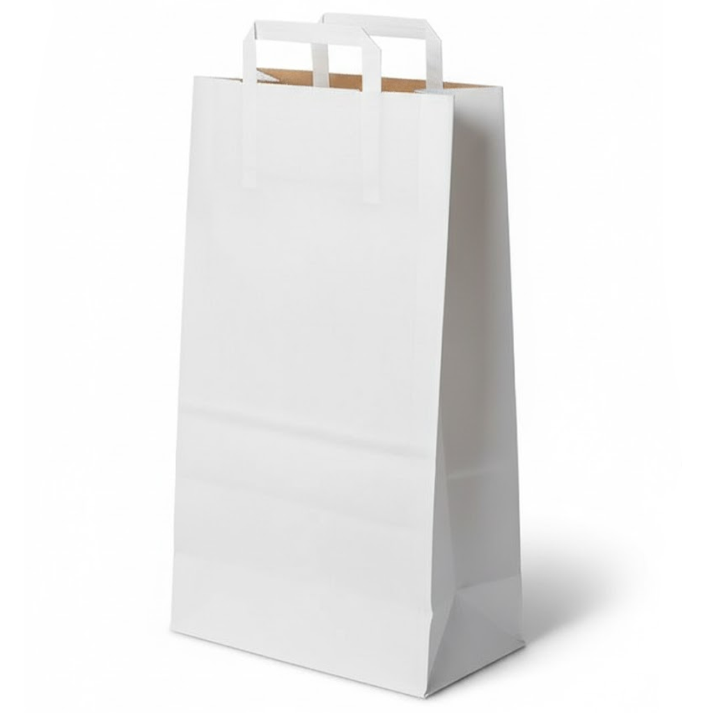 Présentation du produit Sac Papier Blanc poignées 5kg Oléophobe (20+11x50cm) sur fond neutre