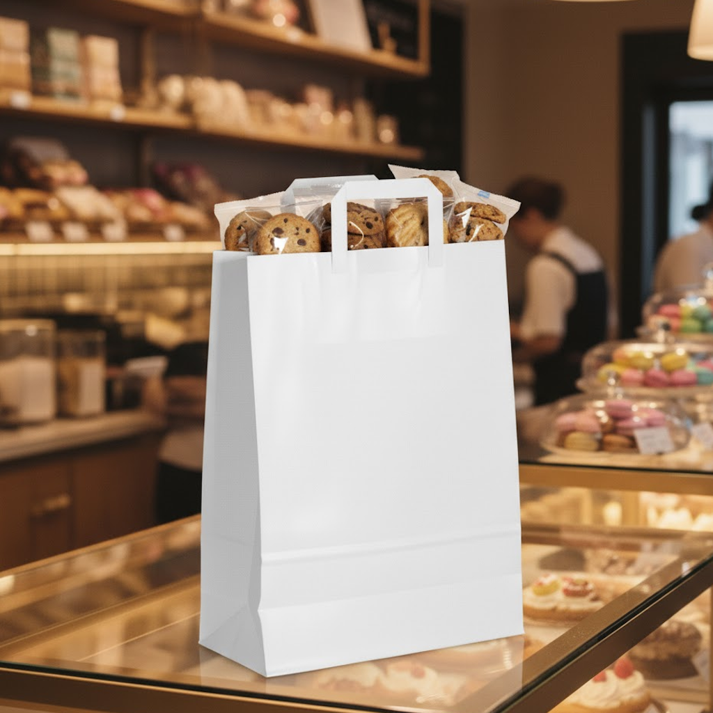 Démonstration de l'utilisation du produit Sac Papier SOS Blanc 3kg avec poignées plates 20+10x33+10cm sur fond neutre