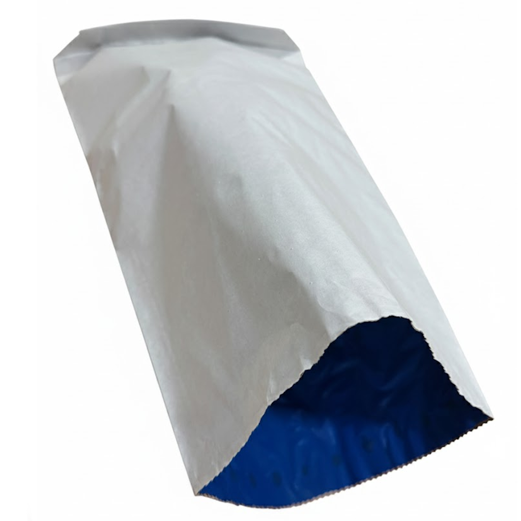 Présentation du produit Sac Papier 10kg Blanc gueule Ouverte + Sache Bleue sur fond neutre