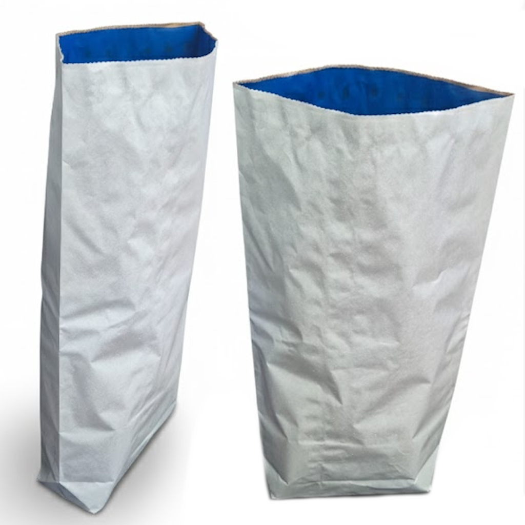 Démonstration de l'utilisation du produit Sac Papier 10kg Blanc gueule Ouverte + Sache Bleue sur fond neutre