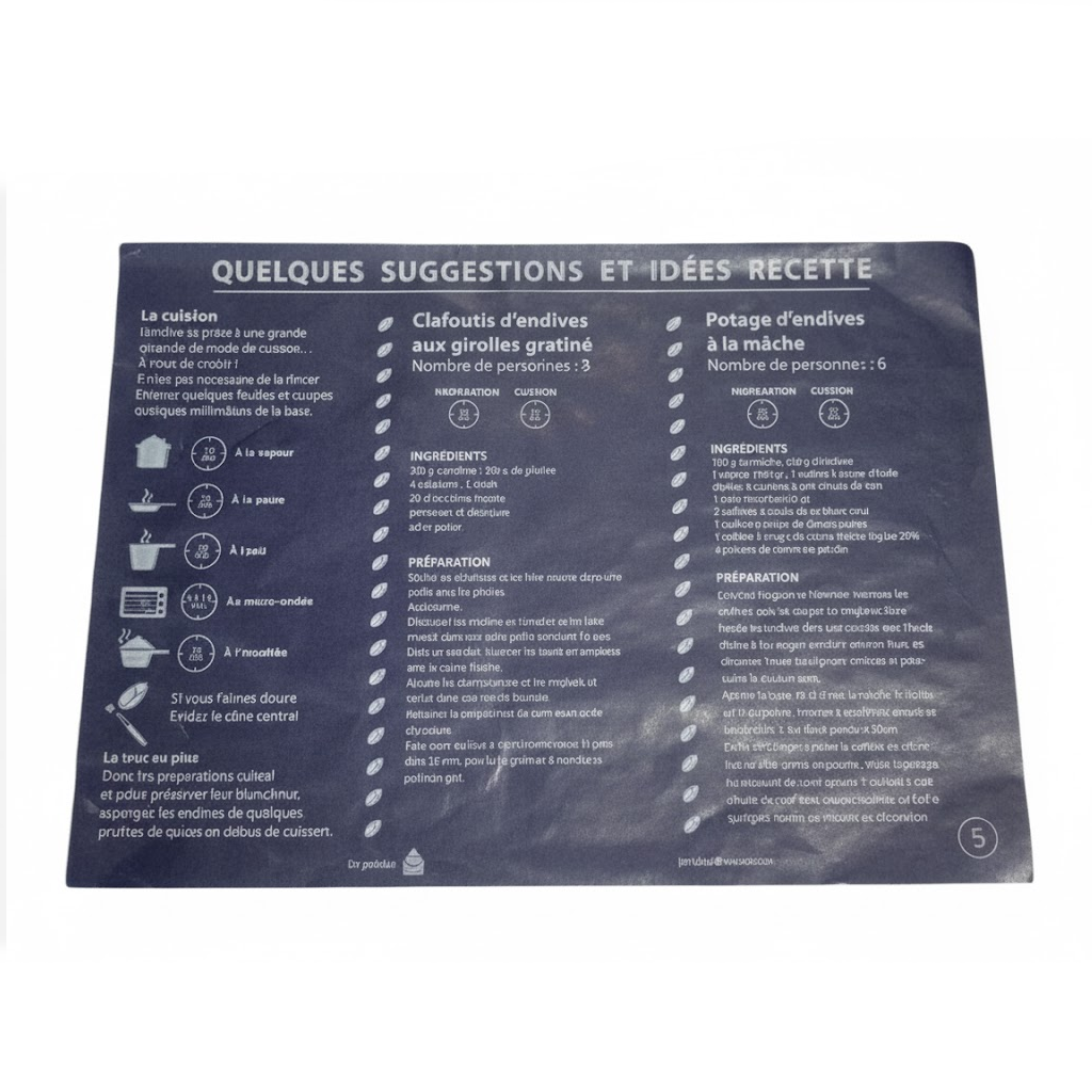 Présentation du produit Format paraffiné endive 27x38cm - Impression recettes sur fond neutre
