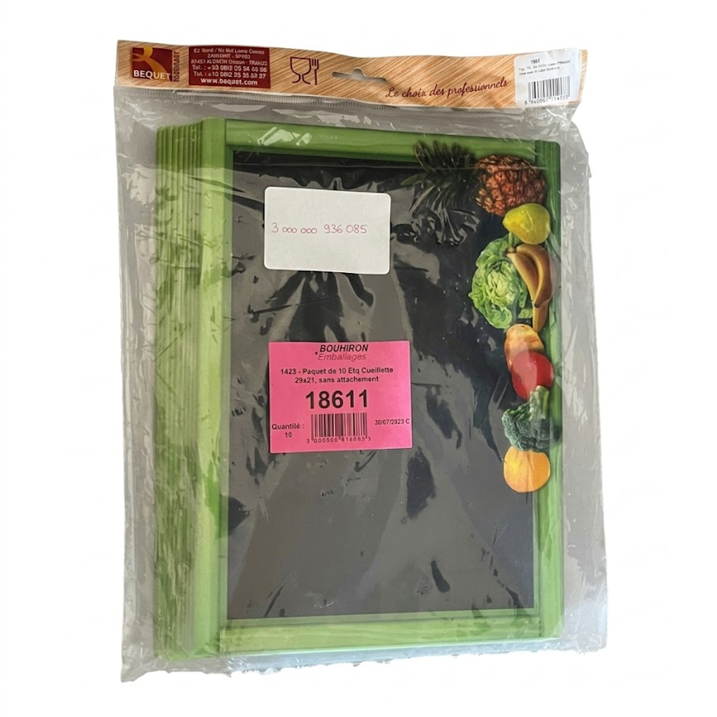 Paquet de 10 pancartes cueillette 29x21cm avec cadre vert, emballées sous film plastique transparent