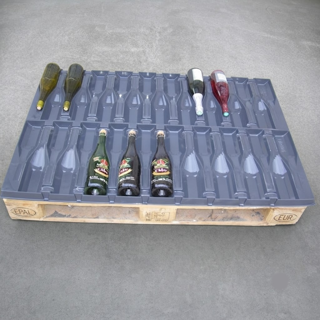 Plaque intercalaire VINPLAST grise sur palette EUR avec 8 bouteilles de vin et champagne