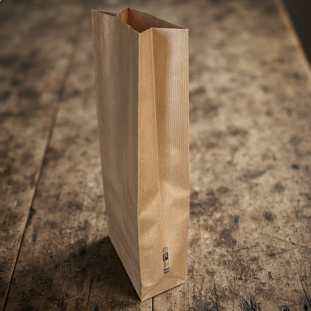 Sac SOS kraft brun vide posé debout sur une surface en bois rustique