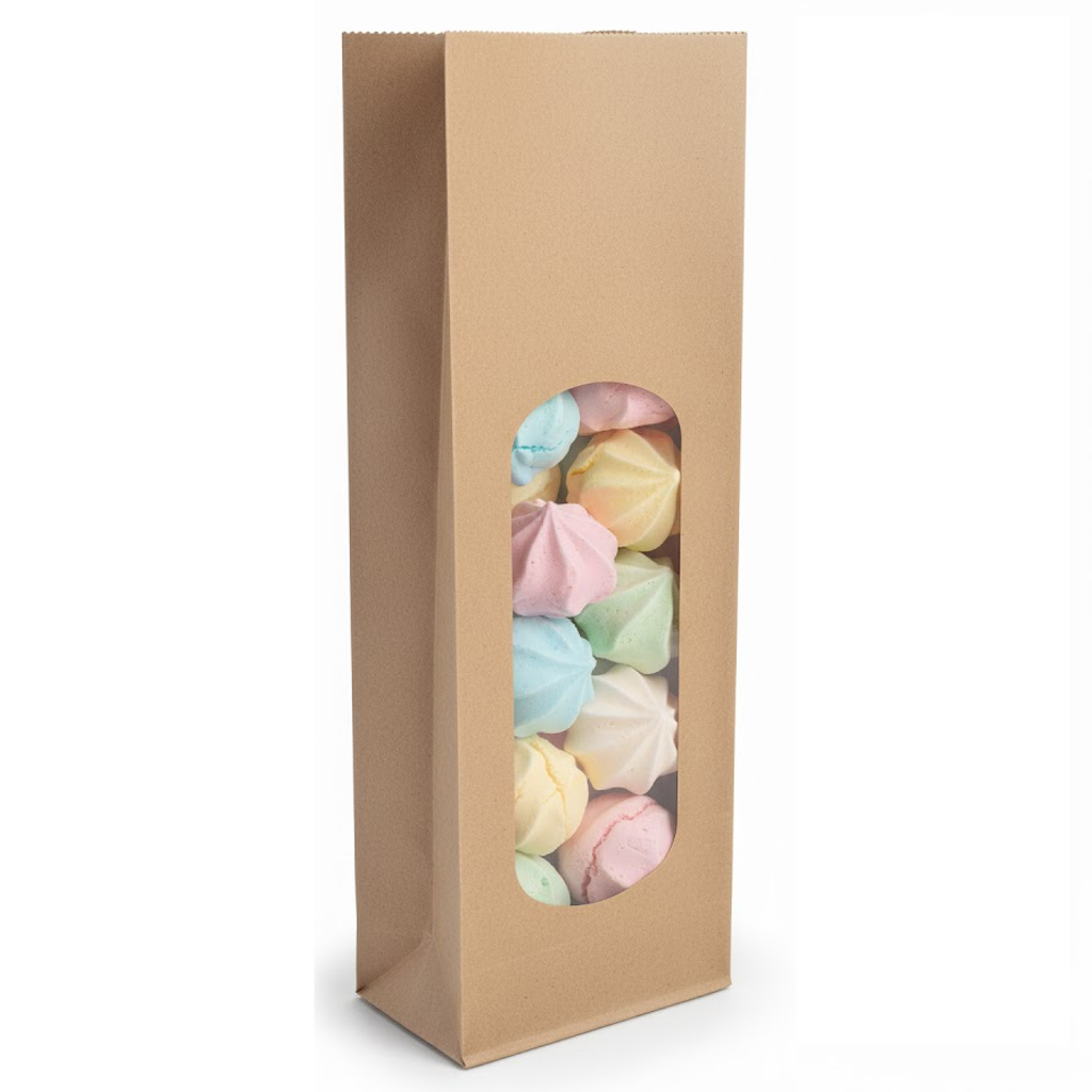 Démonstration de l'utilisation du produit Sac SOS Kraft avec fenêtre XL double PP 850ml (2kg) sur fond neutre