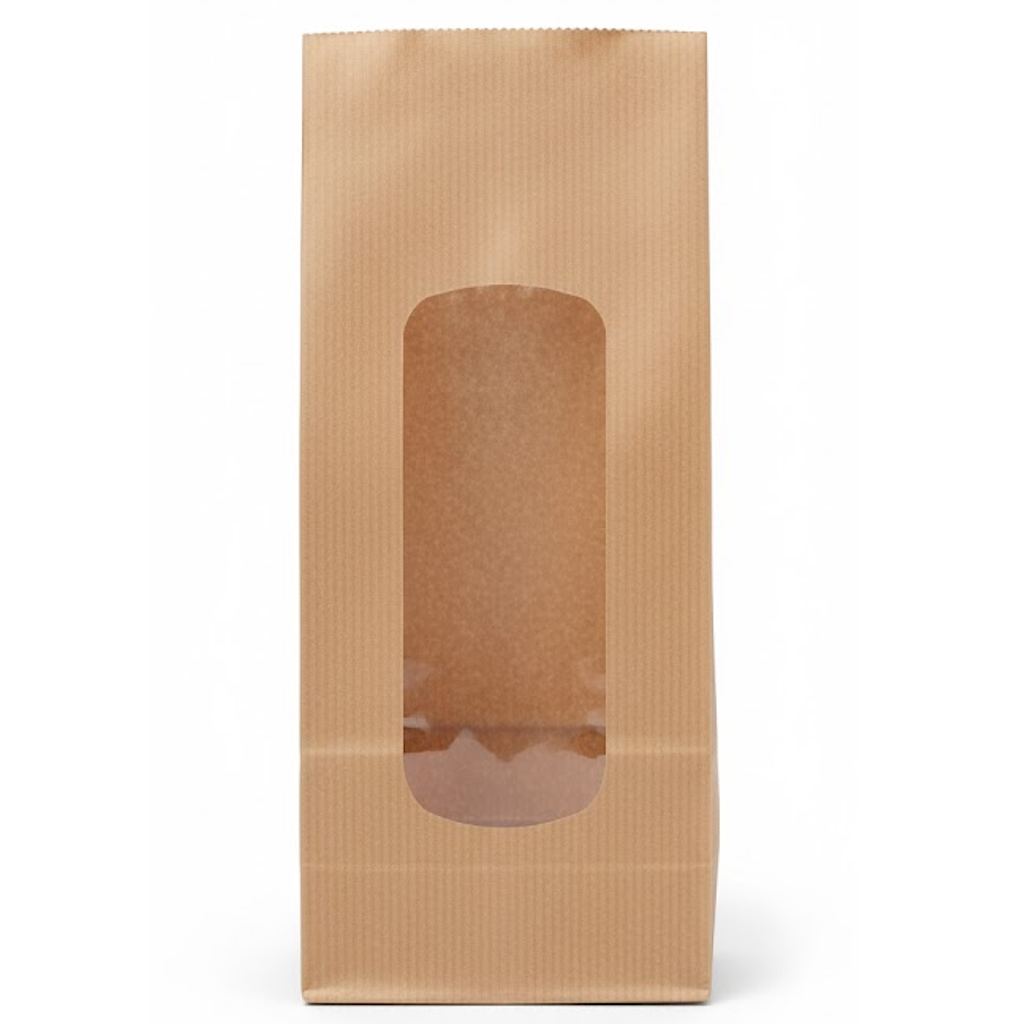 Présentation du produit Sac SOS Kraft avec fenêtre XL double PP 250ml (500g) sur fond neutre